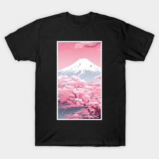 Cherry Pink Mount Fuji Japanese White Border Aesthetic T-Shirt